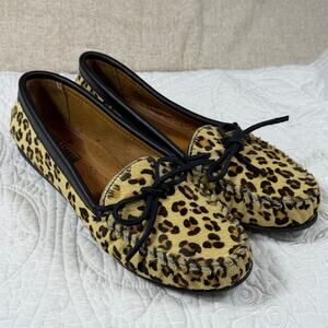 Minnetonka Womens 8.5 Brown Tan Leopard Cow Hair Leather Lined Loafer Shoes Flat